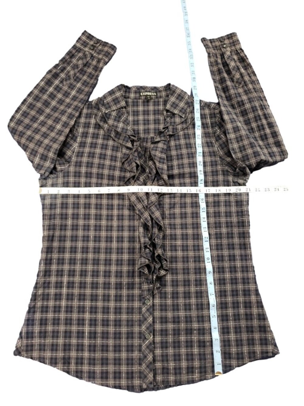 Express Plaid Ruffle Blouse Size L Preppy Workwear Button Front Top - Picture 8 of 9